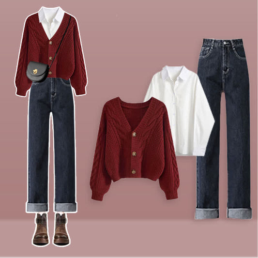 Ensemble cardigan rouge, chemise à revers, pantalon en jean