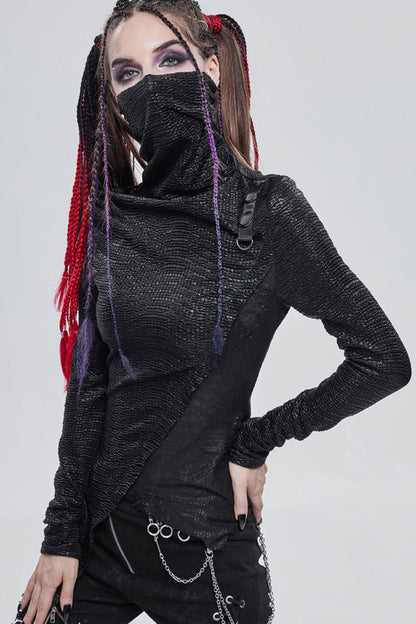 Dark High Neck Compressed Stretch Pleated Hem Blouse