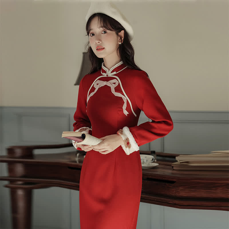 Rote Blumen Schnalle Weste Bowknot Cheongsam Kleid