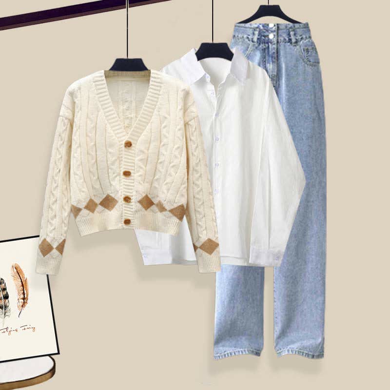 Rhombus Pants Shirt Sweater Set Print Denim Lapel