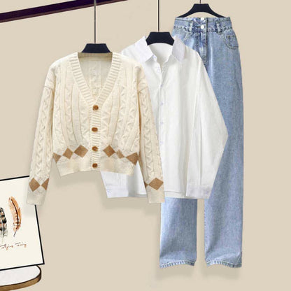 Rhombus Pants Shirt Sweater Set Print Denim Lapel