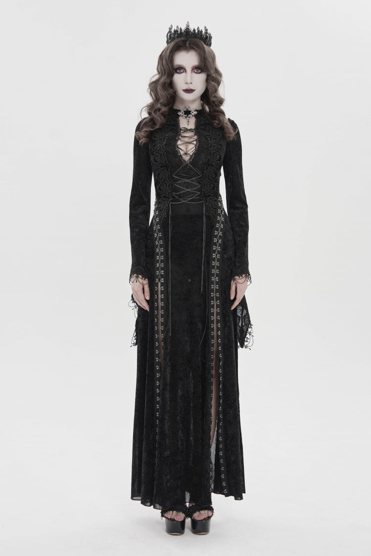 Halterneck Trumpet Sleeve Hanayome Lace Lace-Up Slim Chain Gothic Dress Plunging Split Maxi