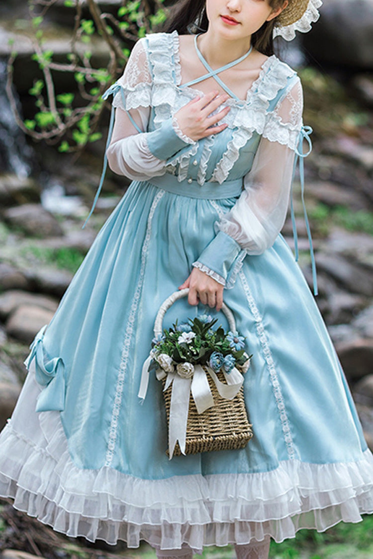 Blue Hanayome Sweet Lolita OP Dress with Lace and Ruffled Sleeves
