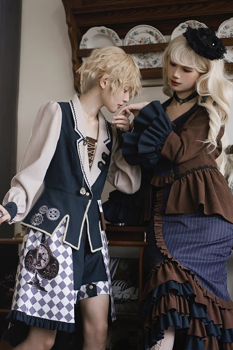 Blue Brown Time Traveler Long Sleeves Multi-Layer Print Ruffle Punk Mermaid Skirt Set