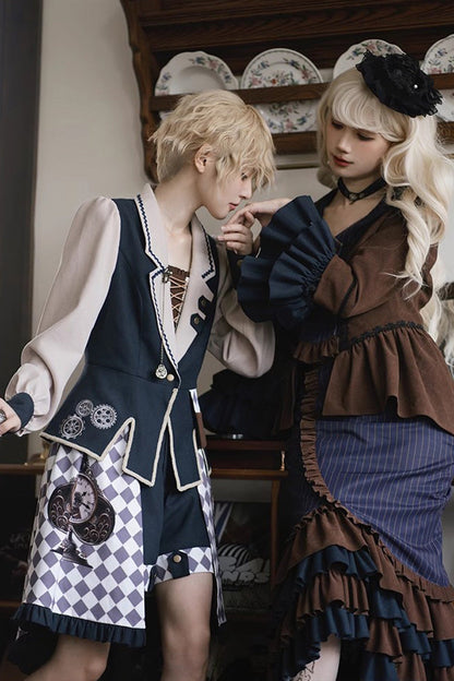 Blue Brown Time Traveler Long Sleeves Multi-Layer Print Ruffle Punk Mermaid Skirt Set