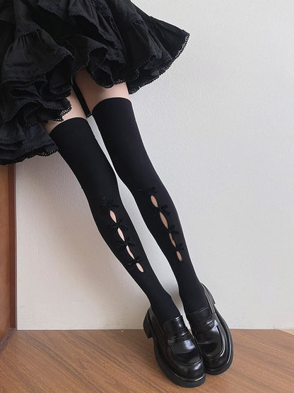 Black/White Bowknot Design Cut-out Design Overknee Stockings