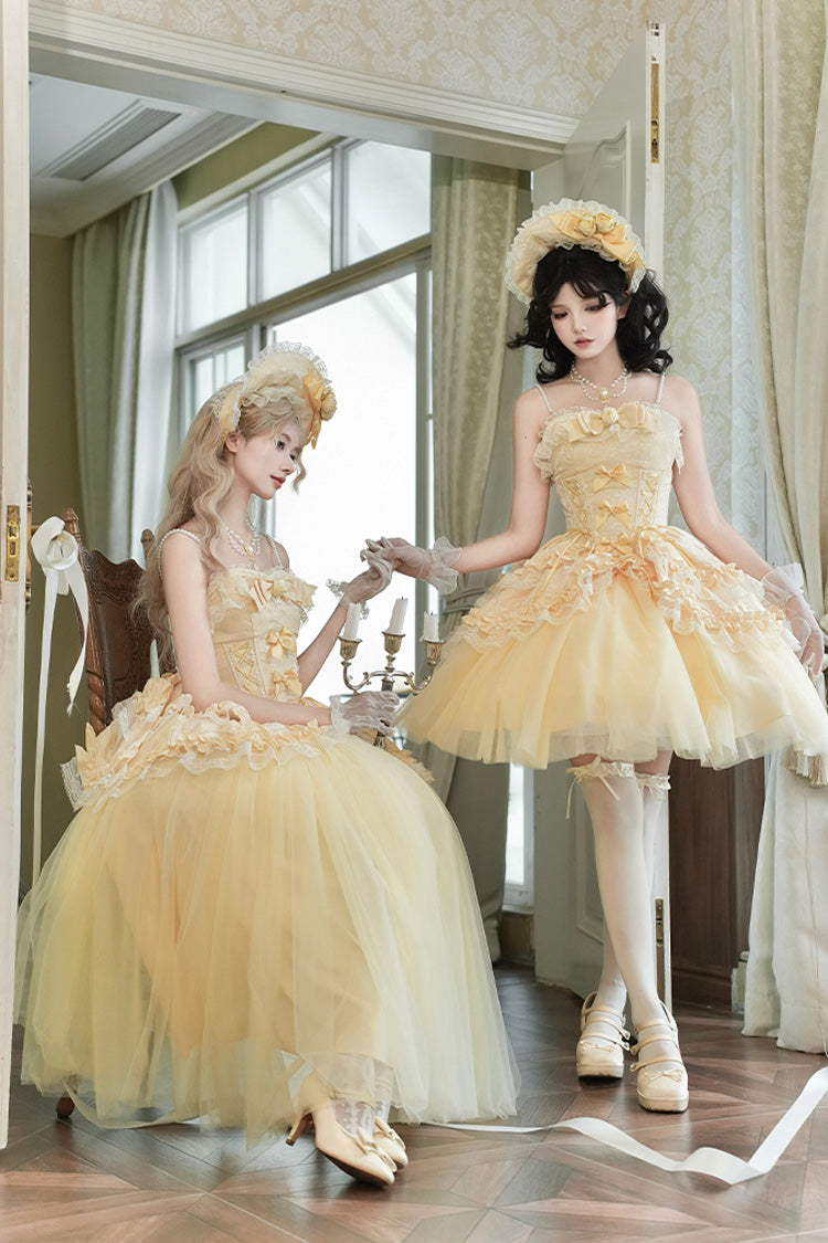 Sissi's Pilgrimage Off Shoulder Ruffle Bow Lace Sweet Lolita Long Skirt in Yellow