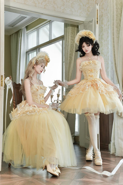 Sissi's Pilgrimage Off Shoulder Ruffle Bow Lace Sweet Lolita Long Skirt in Yellow