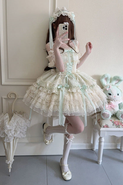 Emerald Layered Lace-Up Ballet Lolita JSK - Ribbon Heart