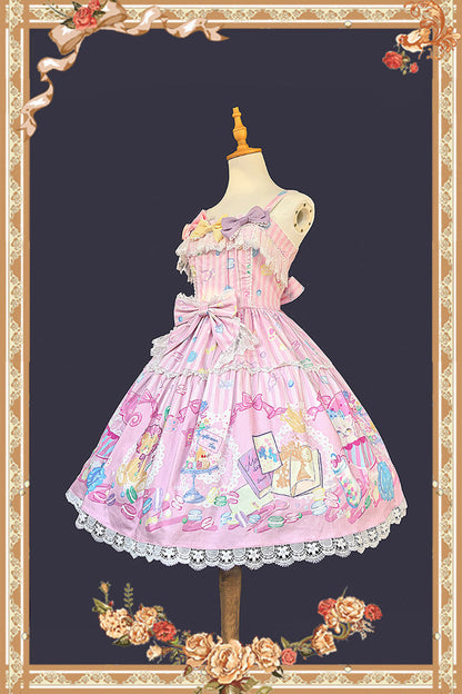 Rose Macarons Dolly House Square Neck Sleeveless Print Bow Sweet Lolita JSK Dress