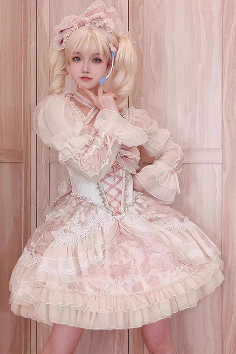 Pink Print Ruffle Cardigan Bow Lace Fishbone Sweet Lolita Gown - Lilibet