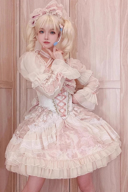 Pink Print Ruffle Cardigan Bow Lace Fishbone Sweet Lolita Gown - Lilibet