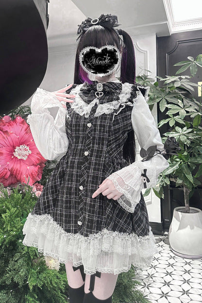 Lunar Eclipse Doll Plaid Printed Ruffled Bow Lace Sweet Jirai Kei Japanese Dress Shorts Set