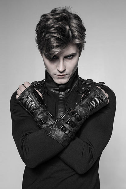 Men's Steampunk Gloves with Metal Rivet Buckle in Black Faux Leather