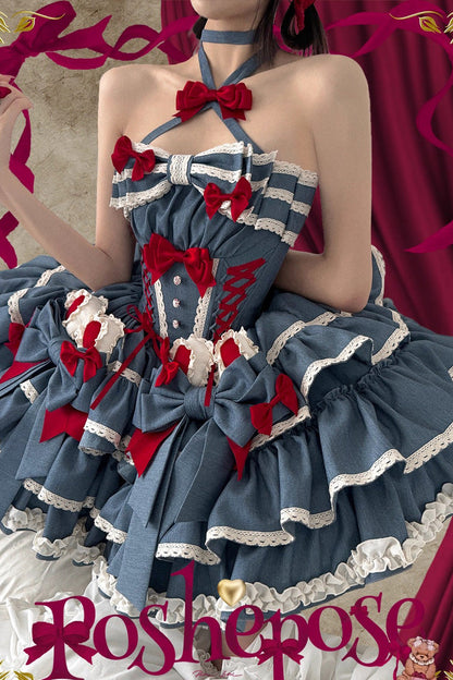 Halterneck Sleeveless Triple-Ruffle Laced JSK with Bow