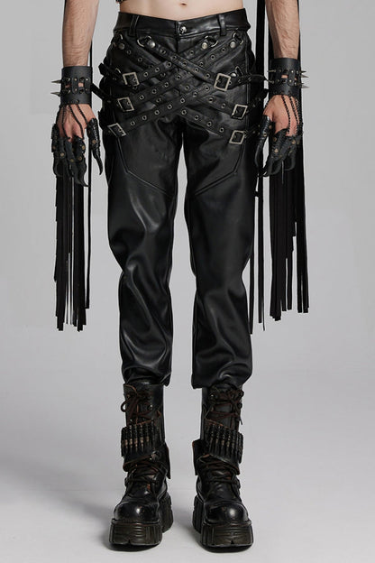 Punk Trousers with Buckle Straps and Mesh Accents