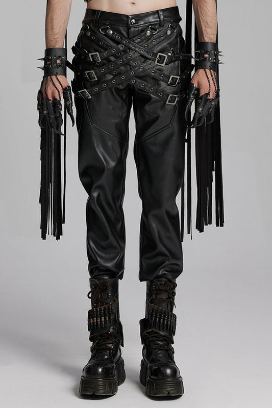 Punk Trousers with Buckle Straps and Mesh Accents