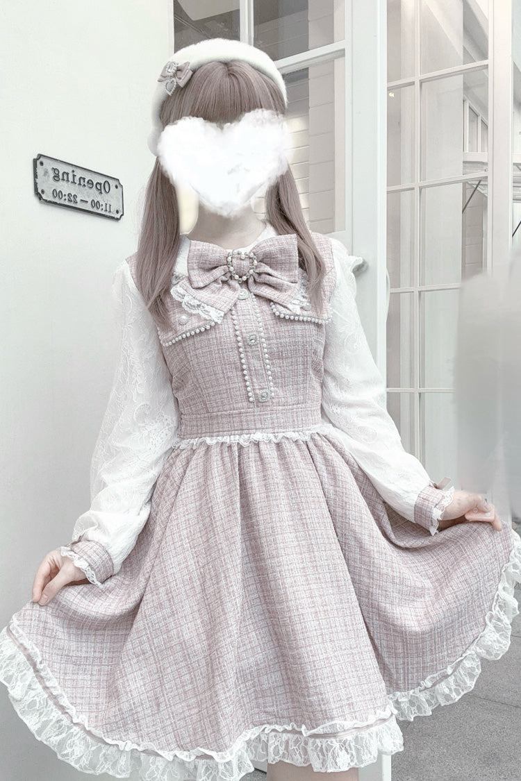 Grey Pink Bow Lace Pearl Sweet Dress