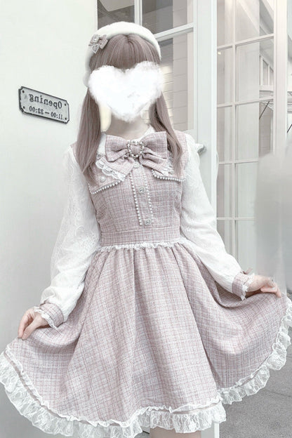 Grey Pink Bow Lace Pearl Sweet Dress