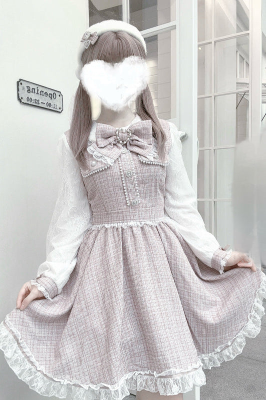 Grey Pink Bow Lace Pearl Sweet Dress