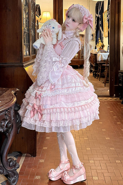 Pink Multi-Tier Ruffle Bow Lace Sweet Gorgeous Lolita Jumper - Little Lovetine