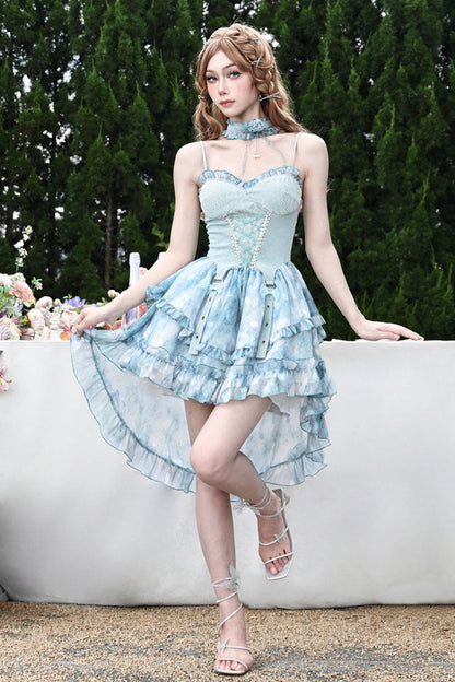 Tie-Dyed Train JSK with Double Ruffle Bow and Lace
