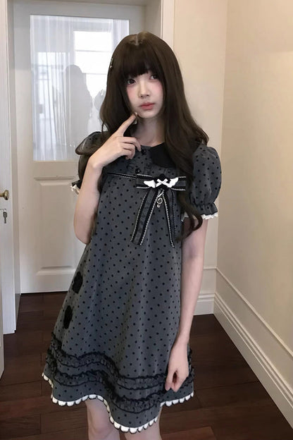 Grey Little Star Wish Doll Collar Short Sleeve Polka Dot Bow Classic Japanese Lolita Dress