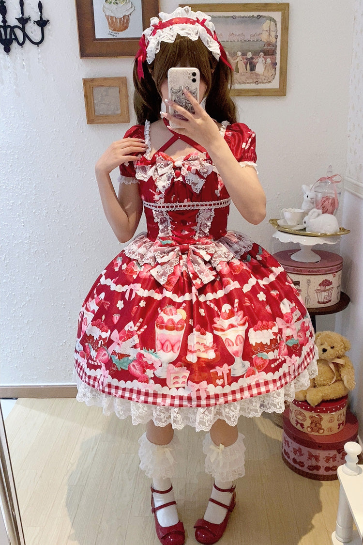 Red Strawberry Parfait Print Short Sleeve Ruffle Bow Lace Lace-Up Sweet Lolita Dress