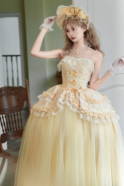 Sissi's Pilgrimage Off Shoulder Ruffle Bow Lace Sweet Lolita Long Skirt in Yellow