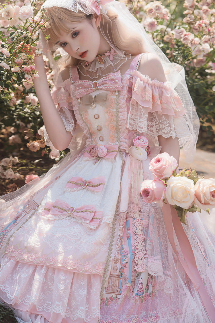 Rose Moonlight Melody Off Shoulder Sleeveless Layered Bride Open Front Bow Lace Gorgeous JSK Set