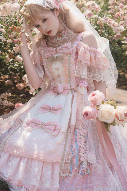 Rose Moonlight Melody Off Shoulder Sleeveless Layered Bride Open Front Bow Lace Gorgeous JSK Set