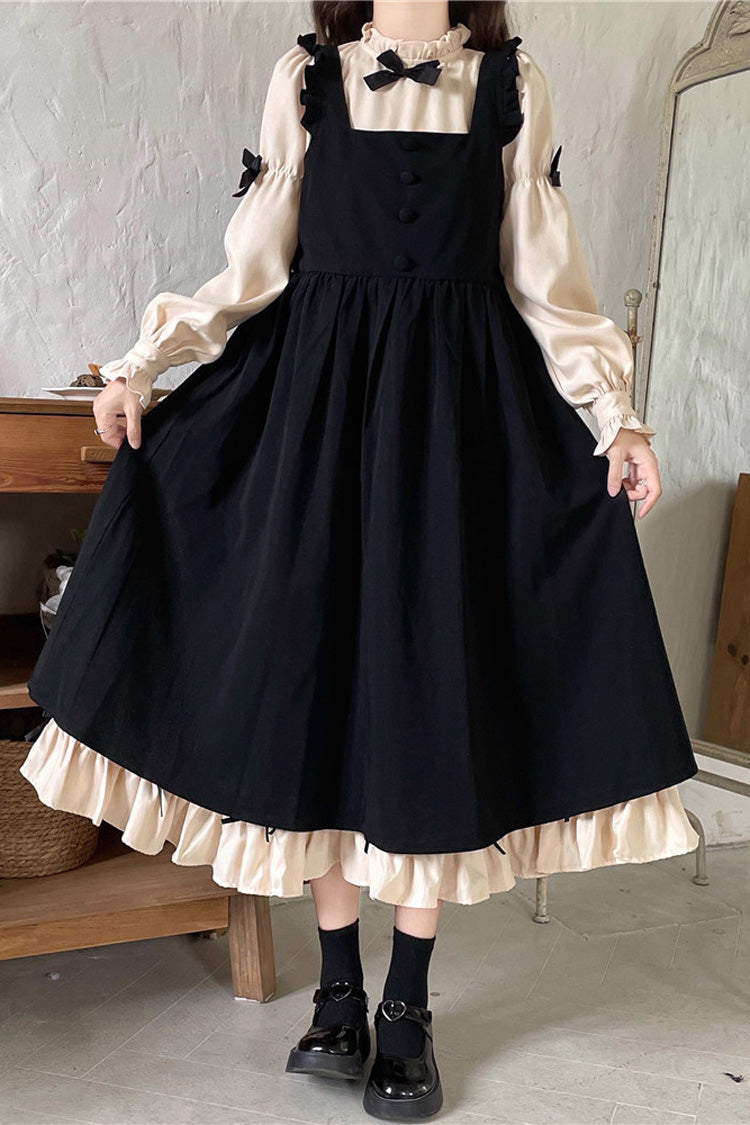 Black/Apricot Sweet Lolita Japanese Puff-Sleeved Ruffle Bowknot Dress