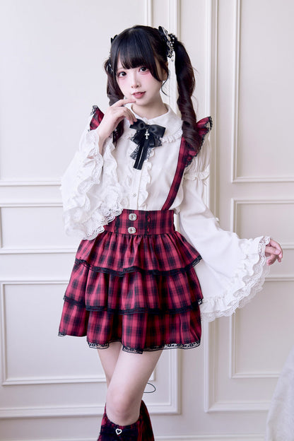 Crimson Three-Tier Tartan Ruffle Goth Jirai Kei Strap Dress