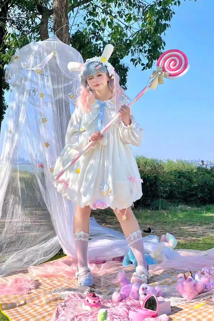 White Doll-Collar Long-Sleeved Candy Bow-Trim Sweet Lolita Dress