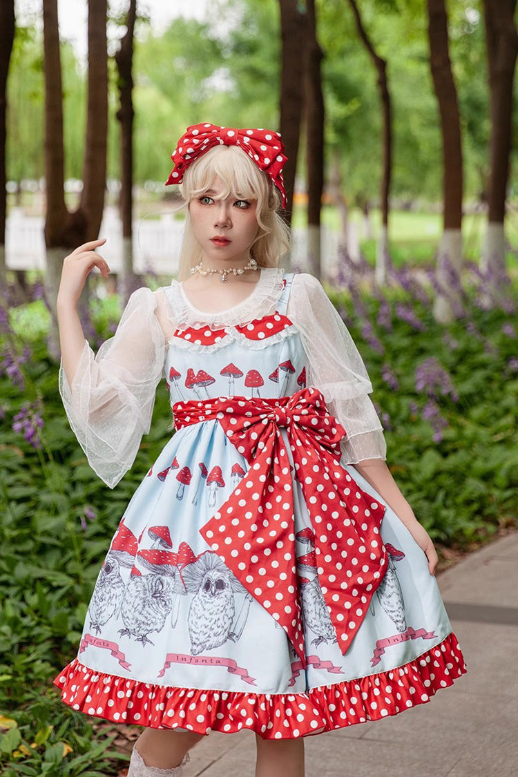 Mushroom-Print Bow-Adorned Ruffled Sweet Lolita Dress in Two Colors