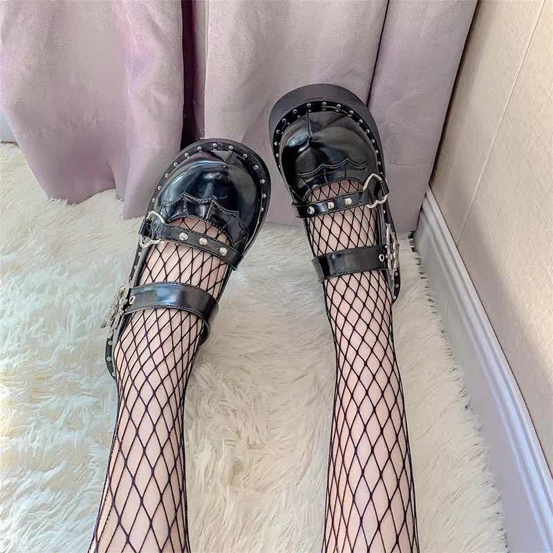 Chaussures Mary Janes Lolita à plateforme avec boucle en forme de cœur et chauve-souris punk gothique