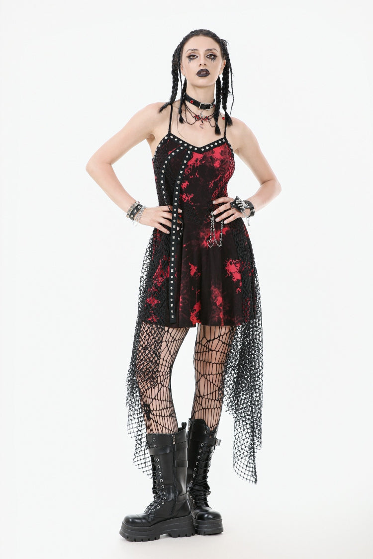 Scarlet Sleeveless Mesh Hem Asymmetrical Tie-Dyed Slip Dress