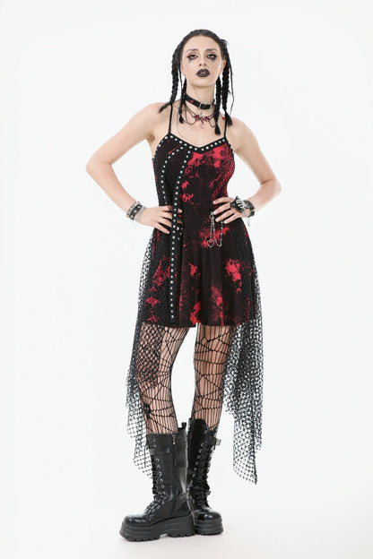 Scarlet Sleeveless Mesh Hem Asymmetrical Tie-Dyed Slip Dress