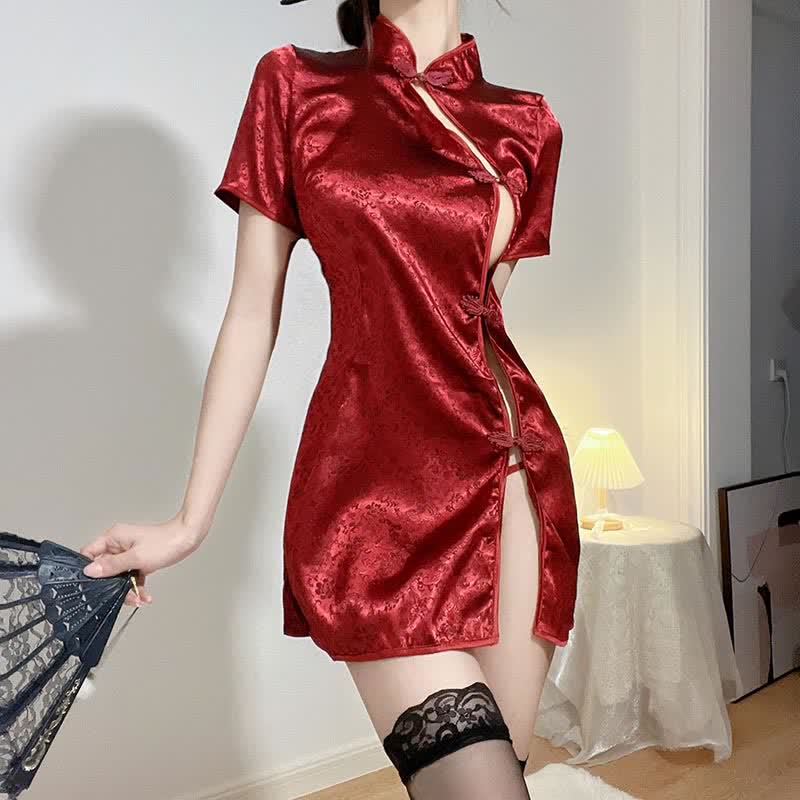 Vintage Buckle Split Cheongsam Lingerie Dress Stockings Set