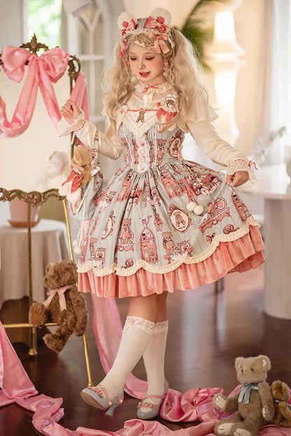 Pink/Green Sweet Lolita Bear Doll Print Ruffle Embroidery JSK Dress