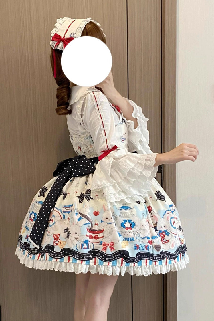 Mystery Rabbit Tea Party Sleeveless Print Ruffle Bowknot Lace Sweet Lolita JSK Dress in Beige