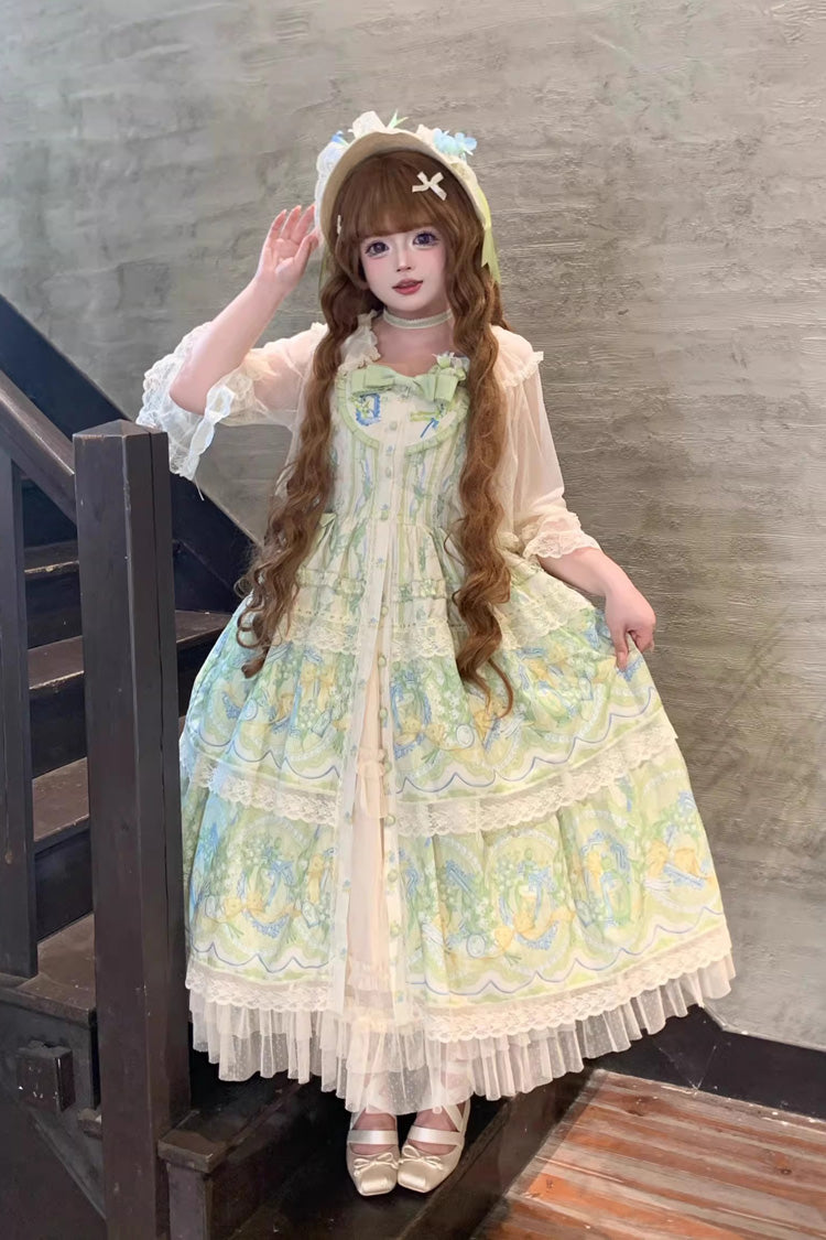 Ivory Green Lily of the Valley Perfume Pearl Candy Tea Doll Collar Sleeveless Print Lace Plus Sweet Lolita JSK