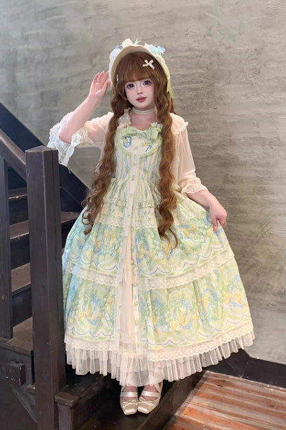 Ivory Green Lily of the Valley Perfume Pearl Candy Tea Doll Collar Sleeveless Print Lace Plus Sweet Lolita JSK