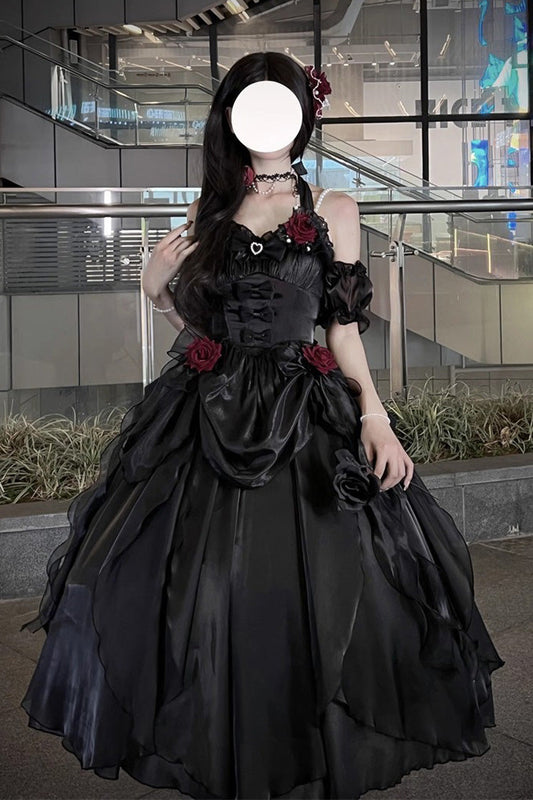 Black Cindy Rose Halterneck Sleeveless Ruffle Bowknot Gothic Elegant Lolita Jsk Dress