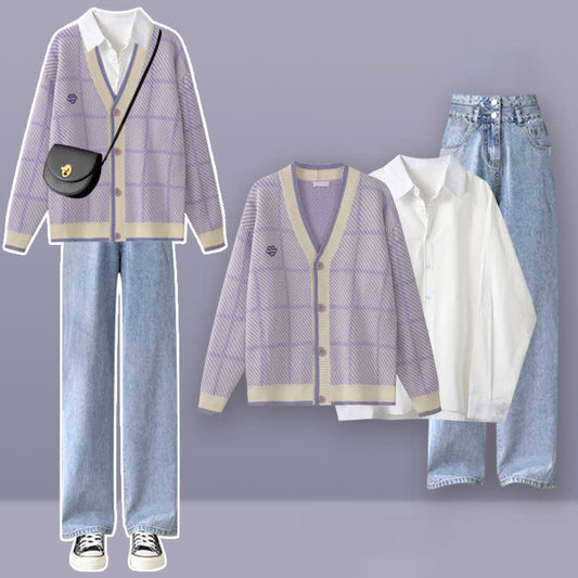Purple Lapel Set Plaid Cardigan Pants Denim Shirt