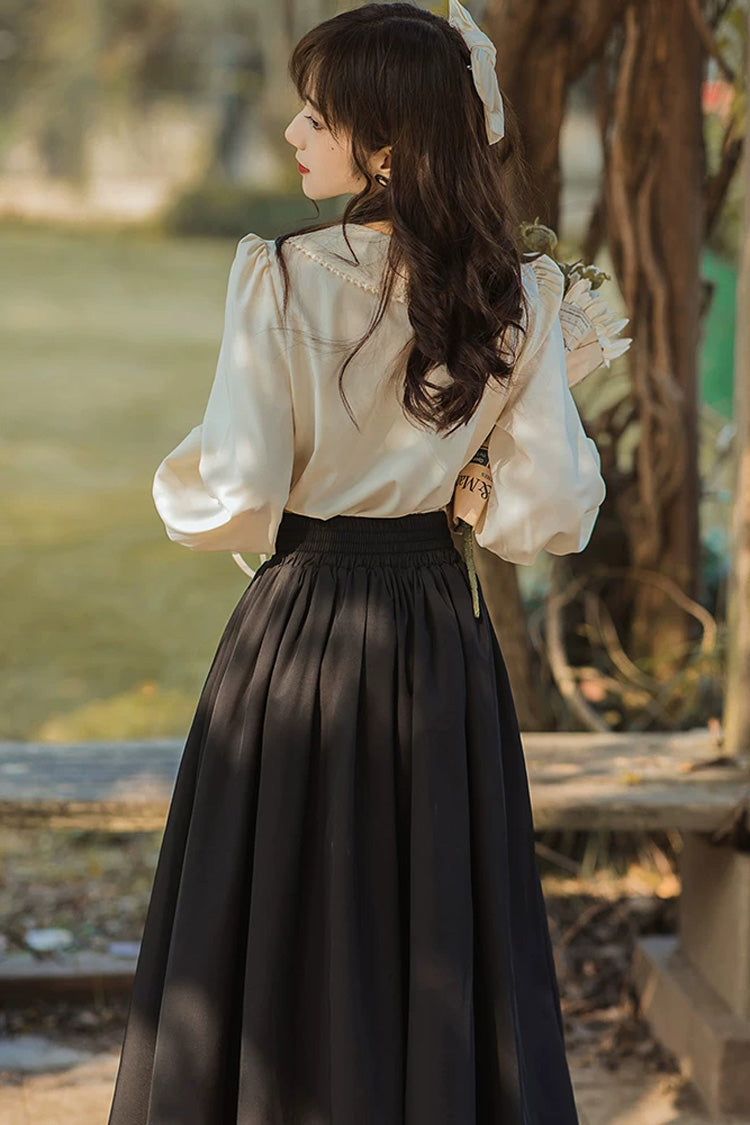 Black Lapel Collar Long Sleeves High Waist Lace-Up Wave Hem Classic Lolita Two-Piece Set