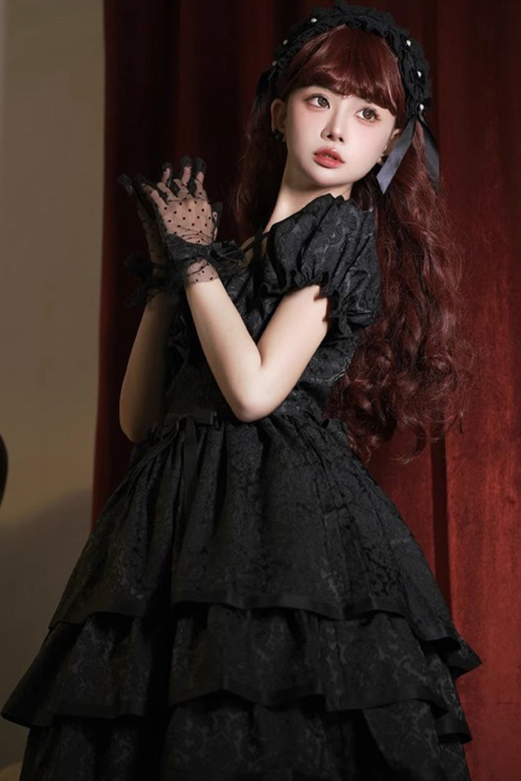Black Short Sleeve Ruffle Bowknot Dress - Gothic Lolita