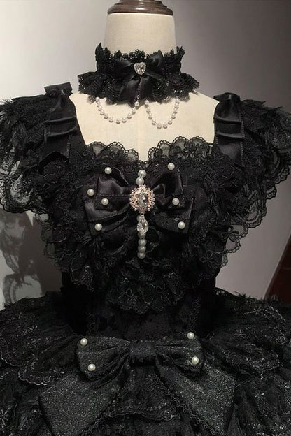 Black Feathers Ballad Sleeveless Multi-Layered Ruffle Hanayome Bow Gothic Lolita Jsk Dress