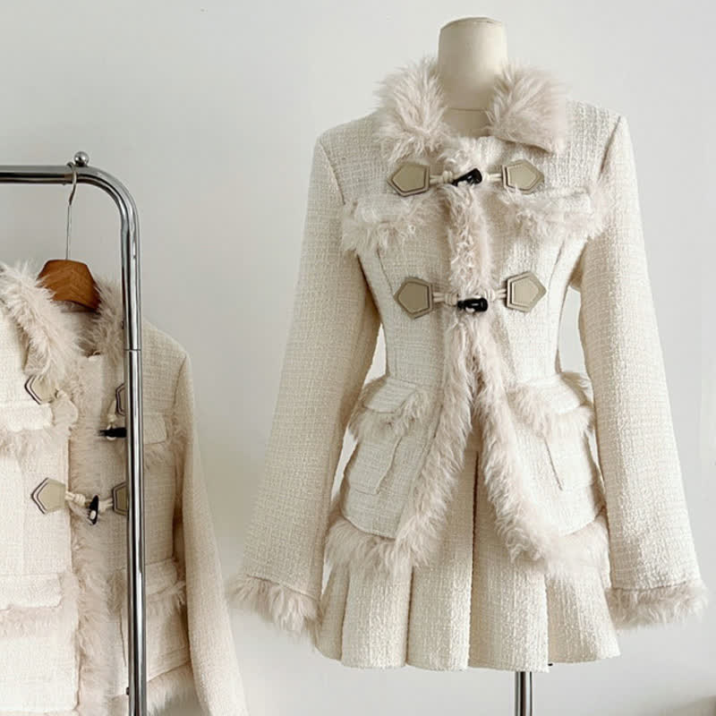 Set Mini Coat Fuzzy Pleated Skirt Elegant Lapel
