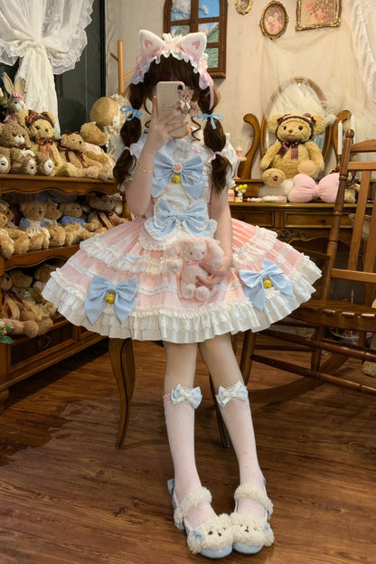 Rose Meowling Sweet Maid Sleeveless Layered Ruffle Bow Lace Princess Sweet JSK Dress